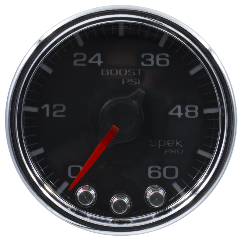 Autometer Spek-Pro Gauge Boost 2 1/16in 60psi Stepper Motor W/Peak & Warn Blk/Chrm - P30431
