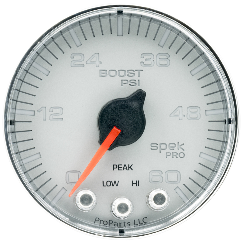 Autometer Spek-Pro Gauge Boost 2 1/16in 60psi Stepper Motor W/Peak & Warn Slvr/Chrm - P304218