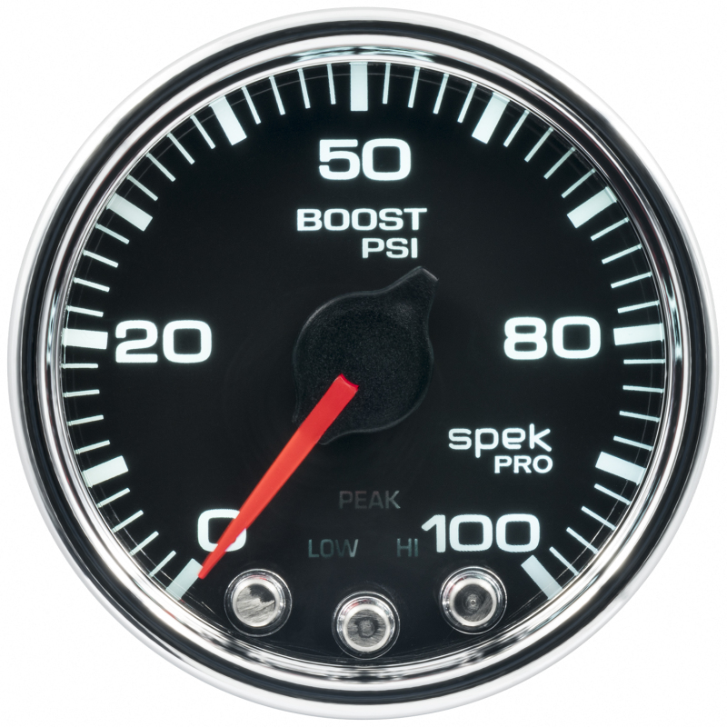 Autometer Spek-Pro Gauge Boost 2 1/16in 100psi Stepper Motor W/Peak & Warn Blk/Chrm - P30531