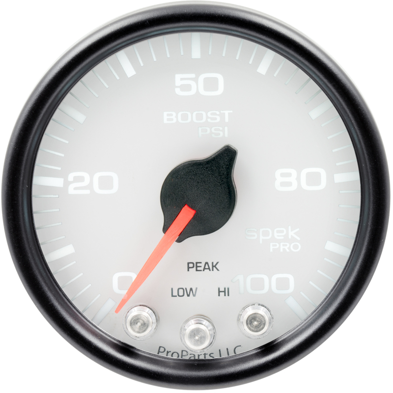 Autometer Spek-Pro Gauge Boost 2 1/16in 100psi Stepper Motor W/Peak & Warn Wht/Blk - P30512