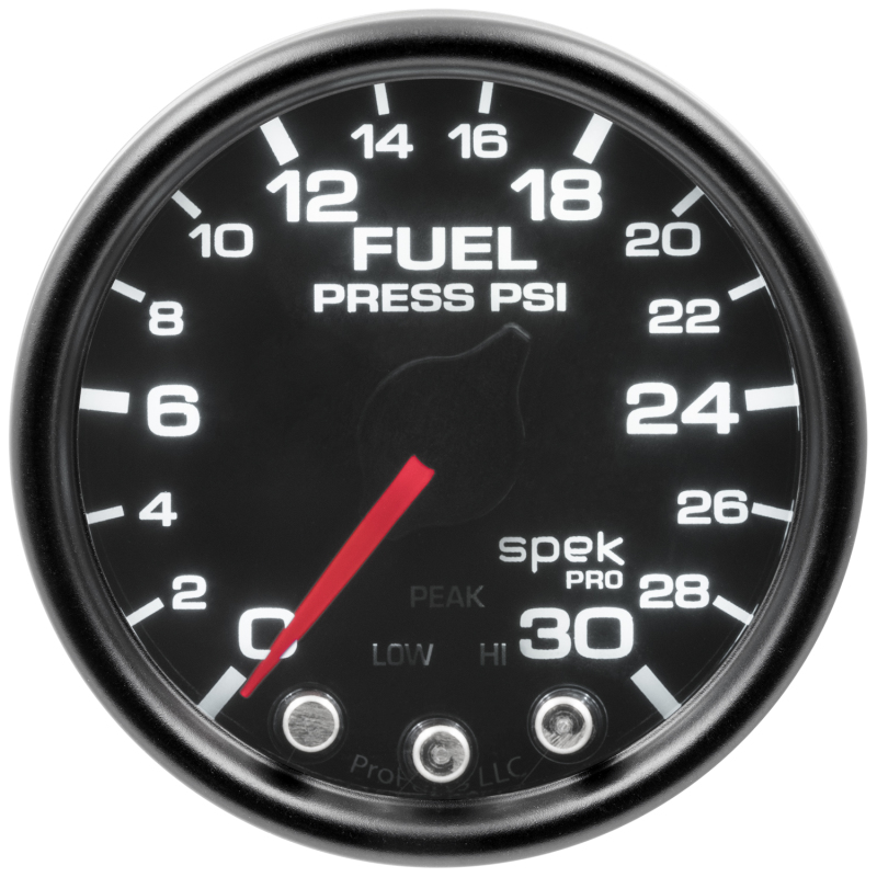 Autometer Spek-Pro Gauge Fuel Press 2 1/16in 30psi Stepper Motor W/Peak & Warn Blk/Smoke/Blk - P31652