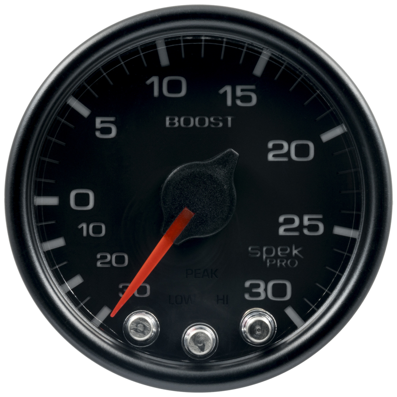 Autometer Spek-Pro Gauge Vac/Boost 2 1/16in 30Inhg-30psi Stepper Motor W/Peak & Warn Black/Black - P30232