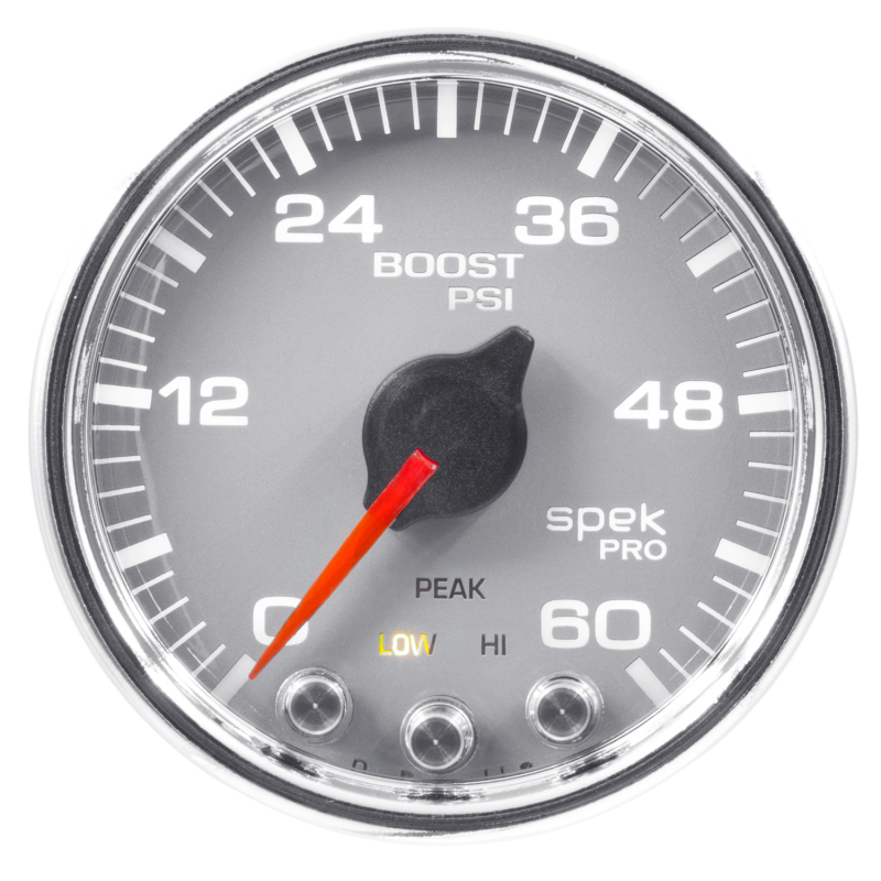 Autometer Spek-Pro Gauge Boost 2 1/16in 60psi Stepper Motor W/Peak & Warn Slvr/Chrm - P30421