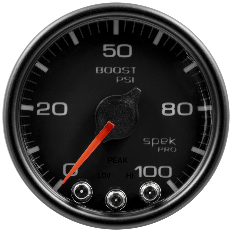 Autometer Spek-Pro Gauge Boost 2 1/16in 100psi Stepper Motor W/Peak & Warn Blk/Blk - P30532