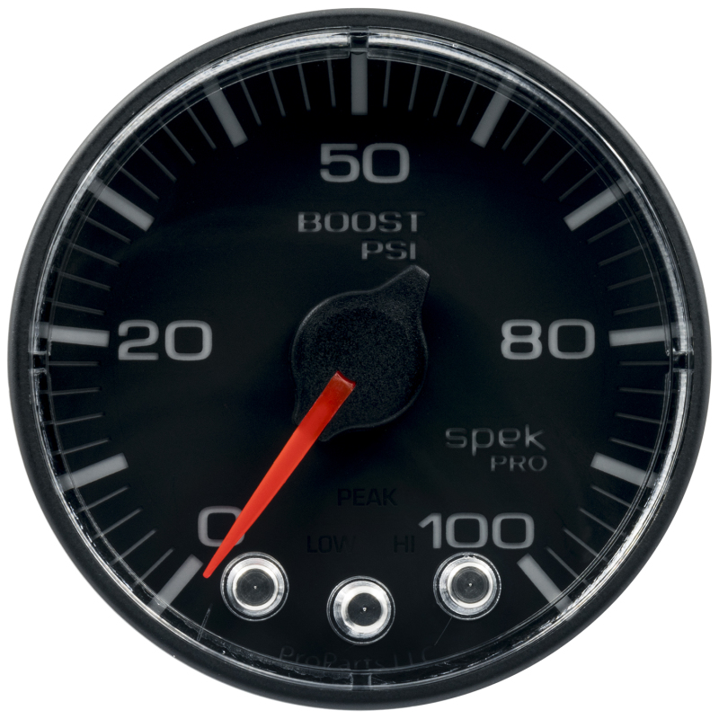 Autometer Spek-Pro Gauge Boost 2 1/16in 100psi Stepper Motor W/Peak & Warn Blk/Blk - P305328