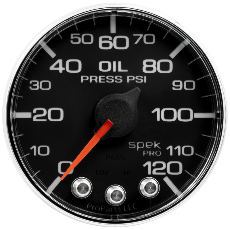 Autometer Spek-Pro Gauge Oil Press 2 1/16in 120psi Stepper Motor W/Peak & Warn Blk/Chrm - P325318