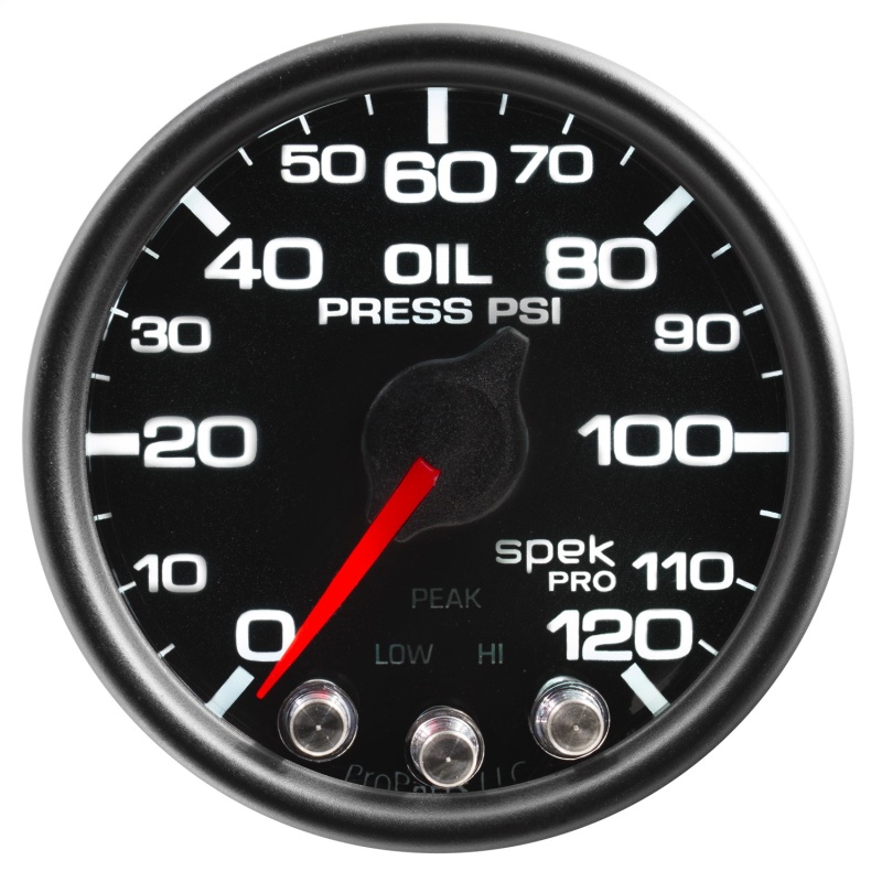 Autometer Spek-Pro Gauge Oil Press 2 1/16in 120psi Stepper Motor W/Peak & Warn Blk/Blk - P32532