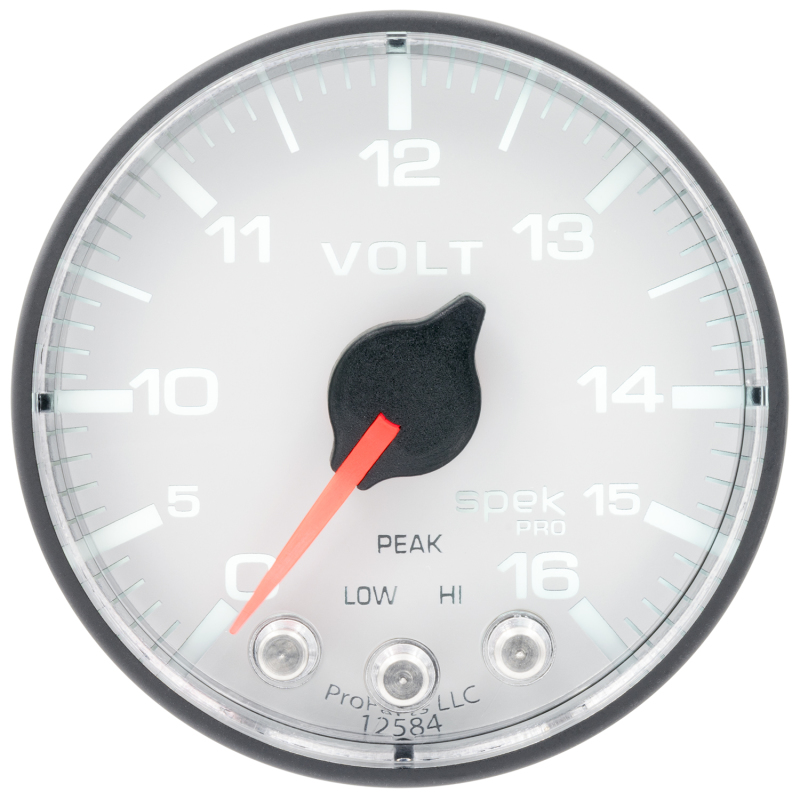 Autometer Spek-Pro Gauge Voltmeter 2 1/16in 16V Stepper Motor W/Peak & Warn Wht/Blk - P344128