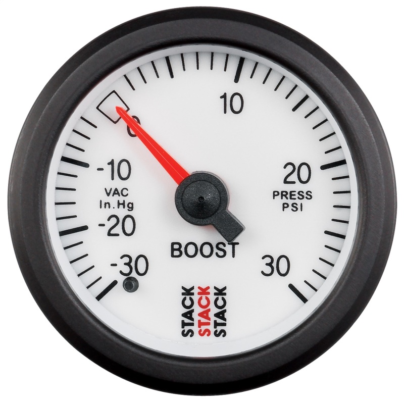 Autometer Stack 52mm -30INHG to +30 PSI (Incl T-Fitting) Mechanical Boost Pressure Gauge - White - ST3162