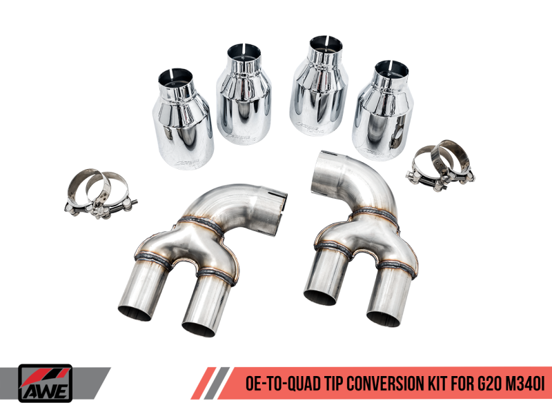 AWE Tuning 2019+ BMW M340i (G20) OE-Config-To-Quad Tip Conversion Kit - Chrome Silver Tip - 3810-42018