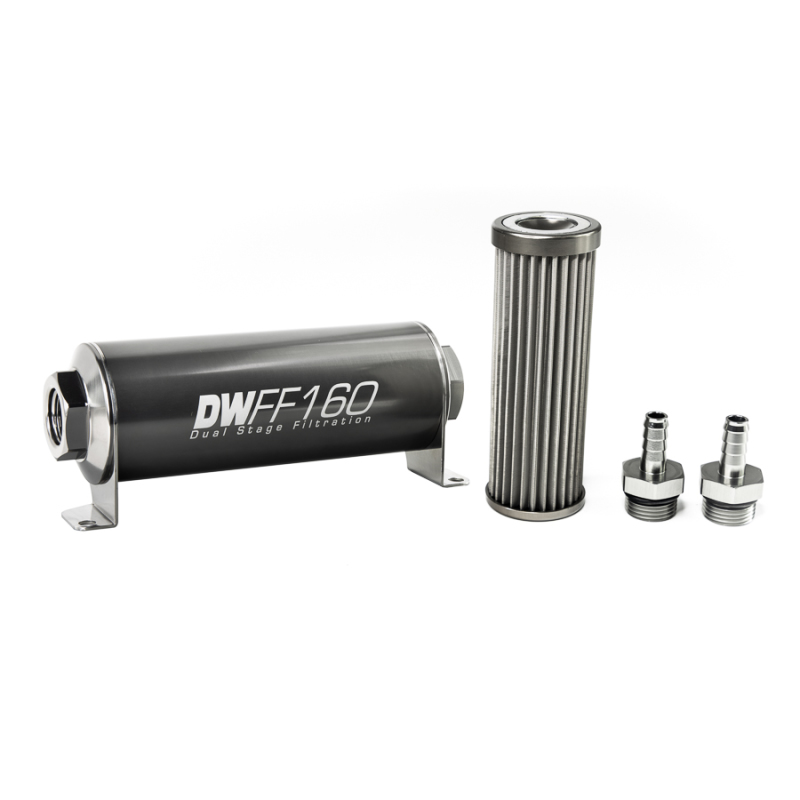 DeatschWerks Stainless Steel 3/8in 40 Micron Universal Inline Fuel Filter Housing Kit (160mm) - 8-03-160-040K-38