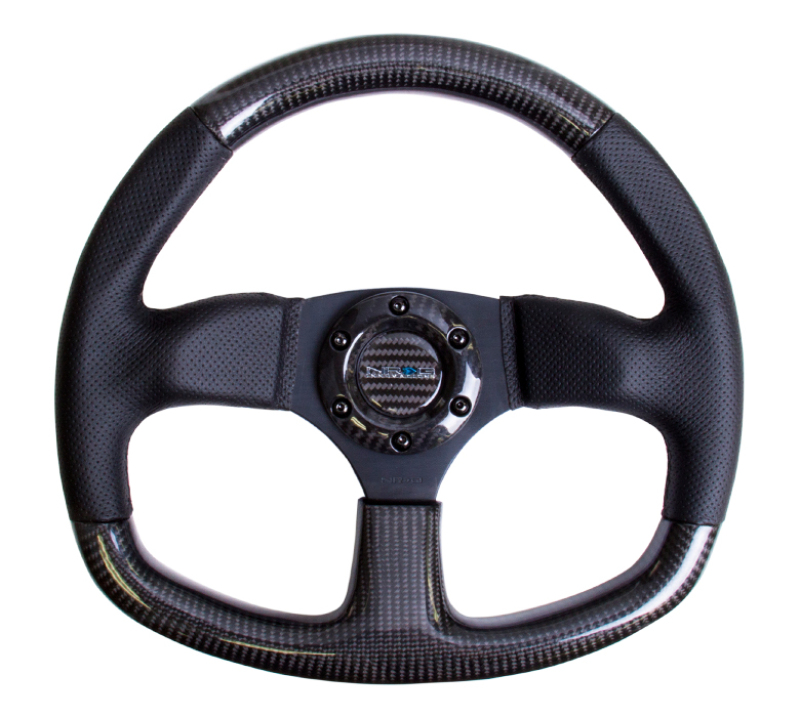 NRG Carbon Fiber Steering Wheel (320mm) Flat Bottom & Leather Trim w/Black Stitching - ST-009CFBS