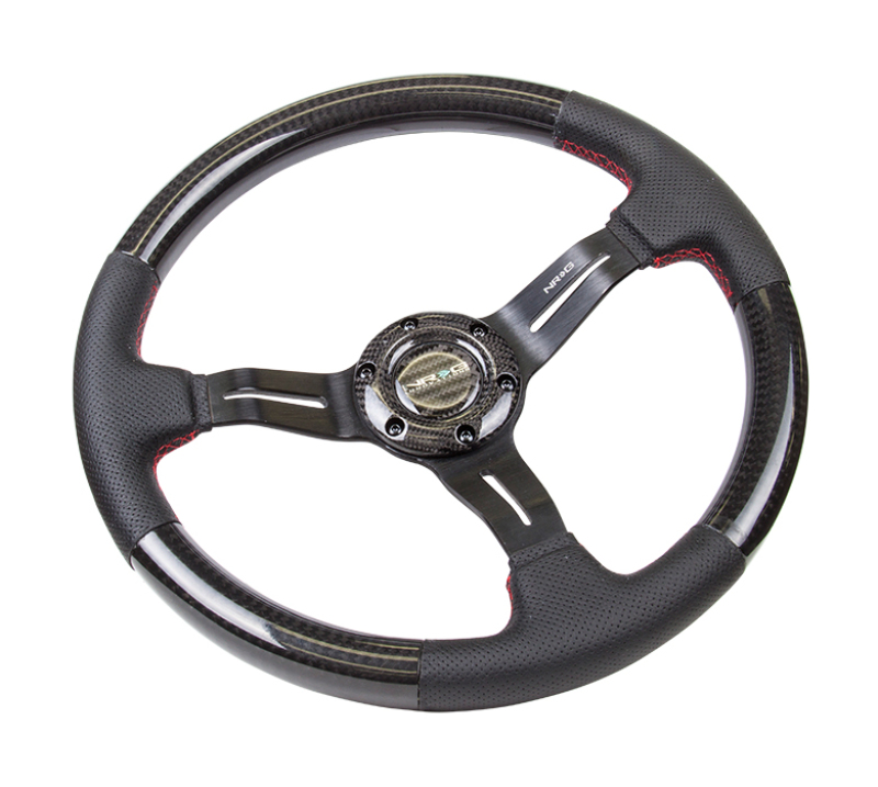 NRG Carbon Fiber Steering Wheel (350mm /1.5in. Deep) Leather Trim w/Red Stitch & Slit Cutout Spokes - ST-010CFRS