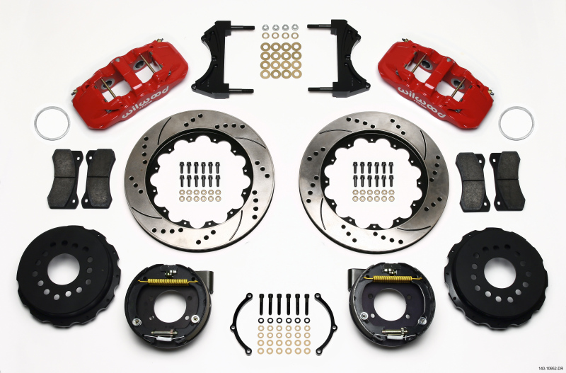 Wilwood AERO4 Rear P-Brake Kit 14.00in Drill Red Ford 8.8 w/2.5in Offset-5 Lug - 140-10952-DR
