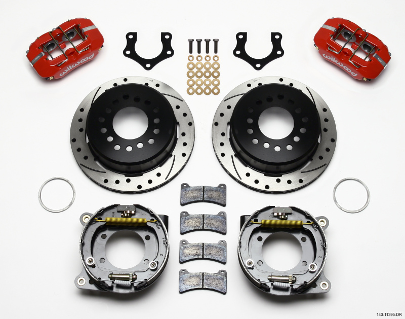 Wilwood Dynapro Low-Profile 11.00in P-Brake Kit Drill-Red Mopar/Dana 2.36in Off w/Snap Ring Brng - 140-11395-DR