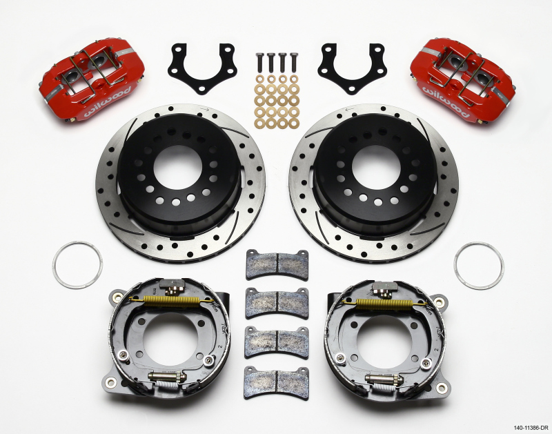 Wilwood Dynapro Low-Profile 11.00in P-Brake Kit Drill-Red Mopar/Dana 2.50in Off w/Snap Ring Brng - 140-11386-DR