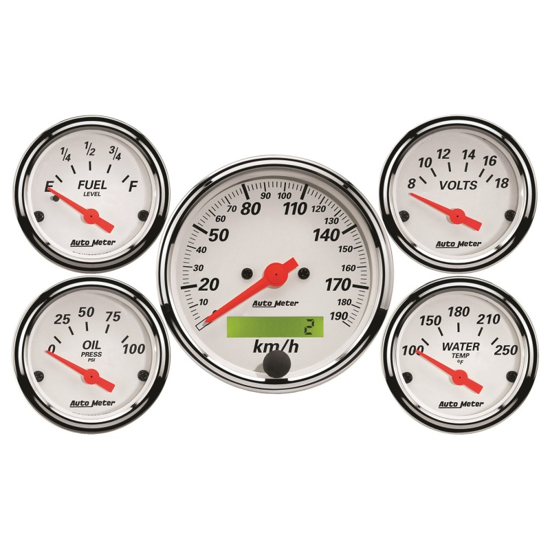 Autometer Arctic White 5 Pc Kit Box w/ Elec KMH Speedo, Elec Oil Press, Water Temp, Volt, Fuel Level - 1302-M
