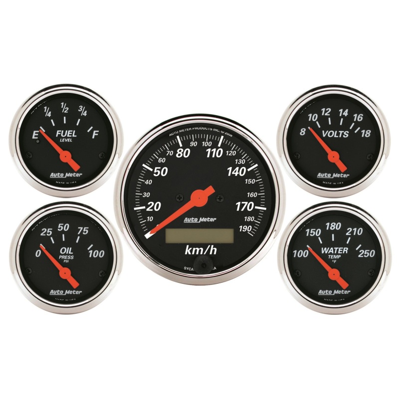 Autometer Designer Black 5 Pc Kit w/ Elec KMH Speedo, Oil Press, Water Temp, Volt, Fuel Level - 1421-M