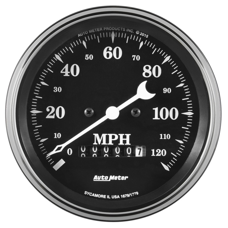 Auto Meter Gauge Speedo. 3 3/8in 120mph Elec. Prog. w/ Wheel Odo Old Tyme Black - 1779