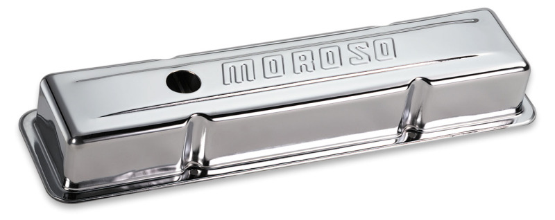 Moroso Chevrolet Small Block Valve Cover - w/Baffle - Stock Height - Stamped Steel Chrome Plated - 68392