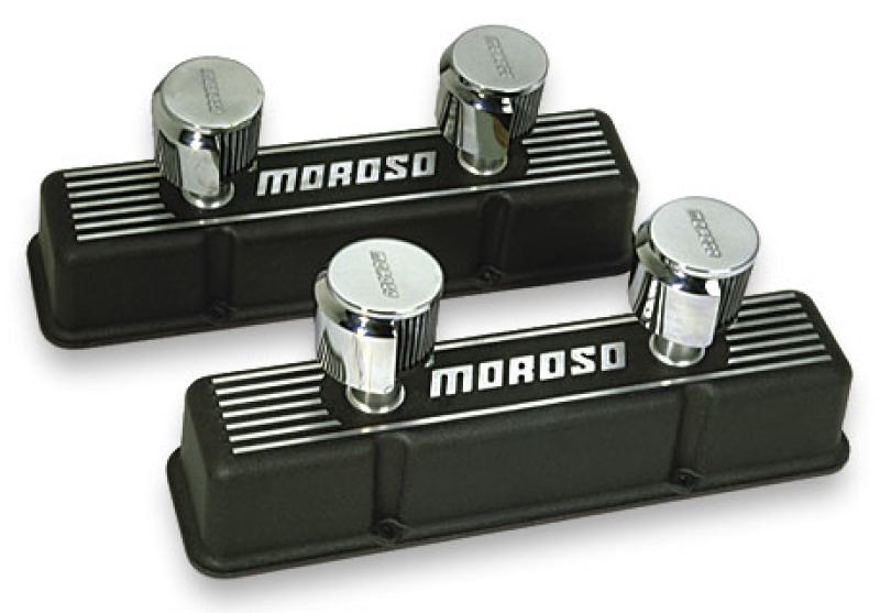 Moroso Chevrolet Small Block Valve Cover - 2 Covers w/2 Breathers - Black Finished Aluminum - Pair - 68381