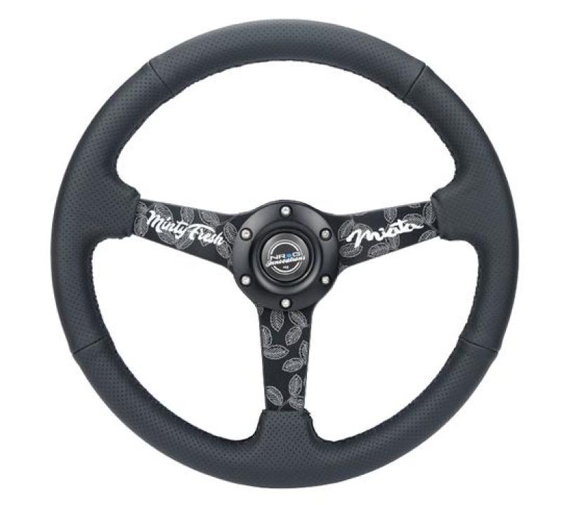NRG Sport Steering Wheel (350mm/ 1.5in. Deep) Black Etched Spokes/ Black Leather w/ Black Stitch - RST-037MB-MF