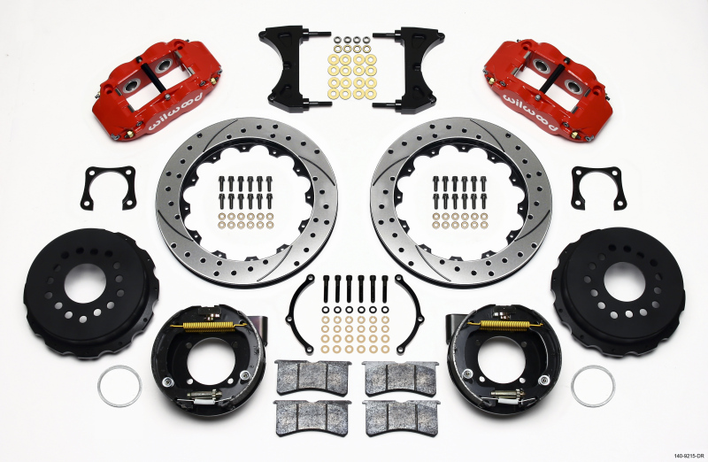 Wilwood Narrow Superlite 4R Rear P-Brk Kit 12.88in Drilled Red Chevy 12 Bolt-Spec 3.15in Brng - 140-9215-DR