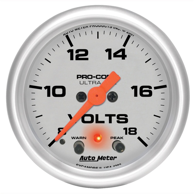 Autometer Ultra-Lite 52mm Voltmeter 18V Digital Stepper Motor w/ Peak and Warning - 4383