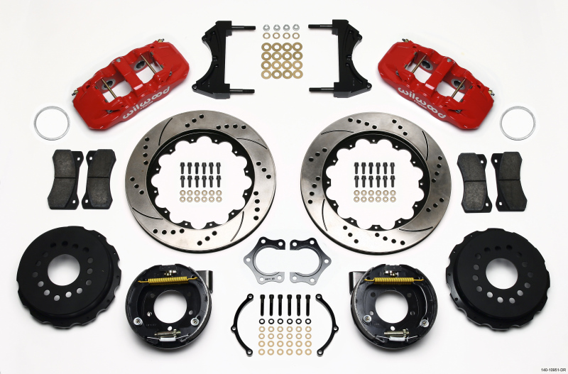 Wilwood AERO4 Rear P-Brake Kit 14.00in Drill Red Mopar/Dana 2.36in Off w/Snap Ring Brng - 140-10951-DR