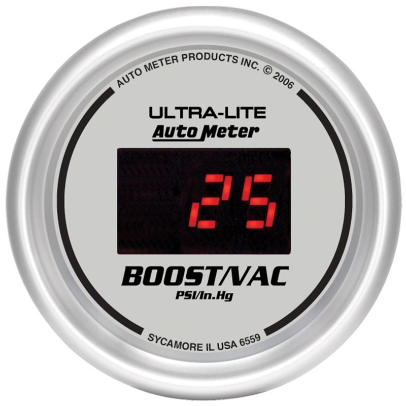 Autometer Ultra-Lite 2-1/16in 30INHG-30PSI Digital Silver Dial Vacuum/Boost Gauge w/ Red Led - 6559