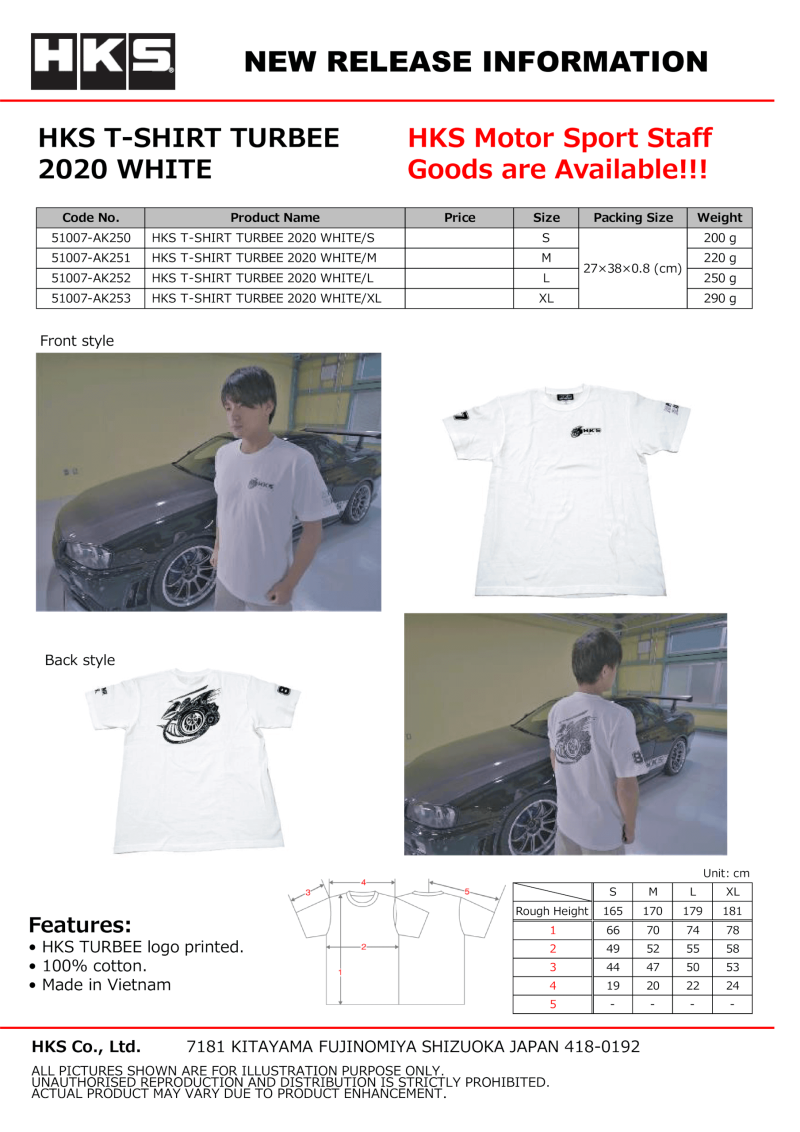 HKS T-SHIRT TURBEE 2020 WHITE S - 51007-AK250