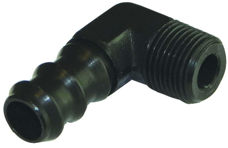 Moroso Air/Oil Separator Fuel Line Fitting - 3/8in to 1/2in Hose - 90 Degree - Black - Single - 65388