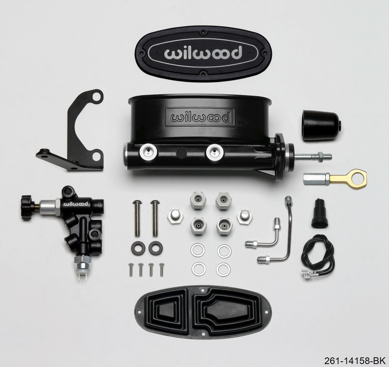 Wilwood HV Tandem M/C Kit w L/H Bracket & Prop Valve - 15/16in Bore Black-W/Push. - Early Mustang - 261-14158-BK