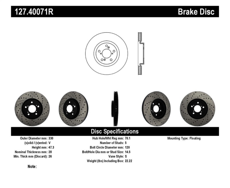 StopTech 07-08 Acura MDX SportStop Slotted & Drilled Right Front Rotor - 127.40071R