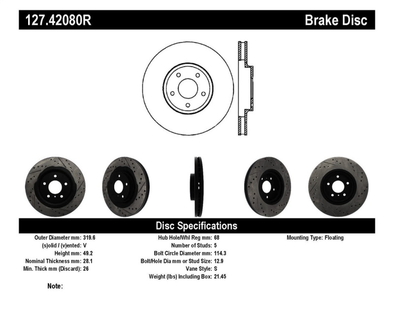 StopTech 06-07 350Z / 05-07 G35 exp Sport/ 06-07 G35X SportStop Slotted & Drilled Front Right Rotor - 127.42080R