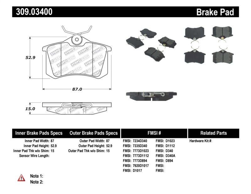 StopTech 02-08 Audi A4 Quattro / 2/99-02 Audi S4 / 93-10 VW Golf GL/GLS Performance Rear Brake Pads - 309.03400