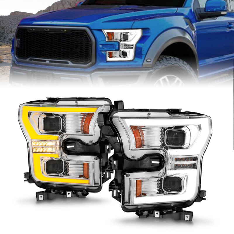ANZO 15-17 Ford F-150 LED Projector Headlights - w/ Light Bar Switchback Chrome Housing - 111548