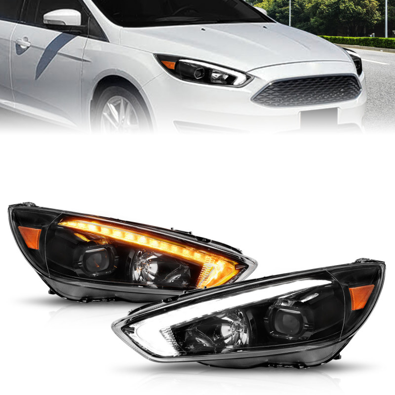 ANZO 15-18 Ford Focus Projector Headlights - w/ Light Bar Switchback Black Housing - 121564