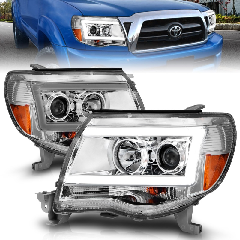 ANZO 2005-2011 Toyota Tacoma Projector Headlights w/ Light Bar Chrome Housing - 111518