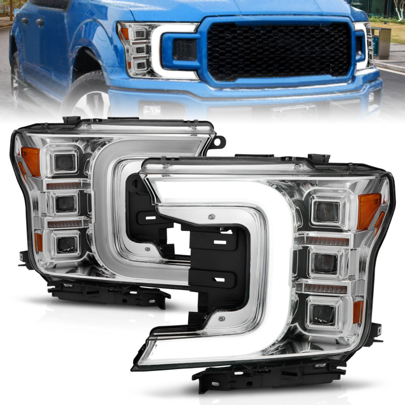 Anzo 18-20 Ford F-150 Full Led Projector Light Bar Style Headlights - Chrome Amber - 111521