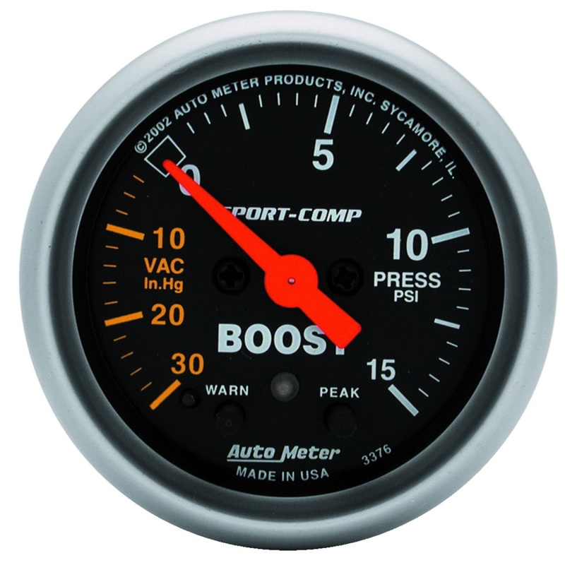 Autometer Sport-Comp 52mm Electronic  Full Sweep 30 In Hg.-Vac./15 PSI Boost Gauge - 3376