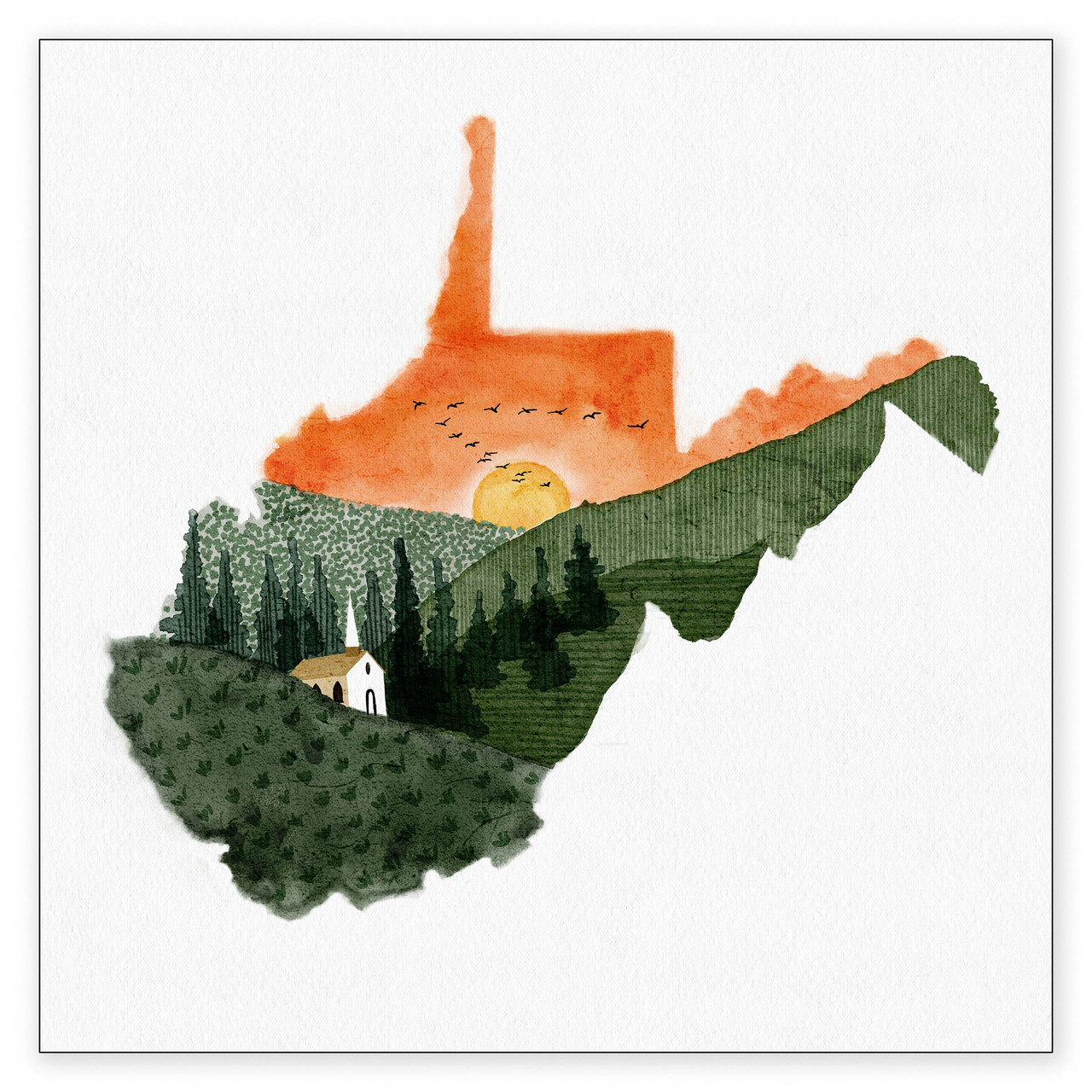 Watercolor West Virginia Hillside Sunset Art Print - Echo-Lit