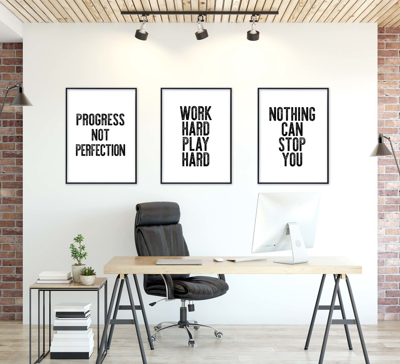 Work Hard Play Hard Nothing Can Stop You Progress Not Perfection Letterpress Style Inspirational Quote Print Set Of 3 Fine Art Paper Laminated Or Framed Echo Lit