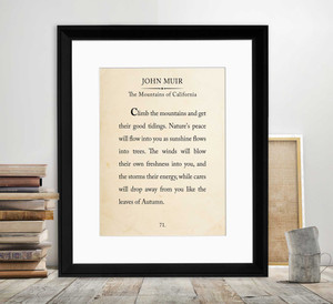 John Muir Mountain Book Page Style Literary Quote Print. John Muir Mountain Book Page Style Literary Quote Print.