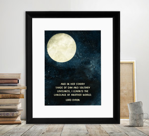 And in Her Starry Shade Lord Byron Quote Art Print. Moon Watercolor.