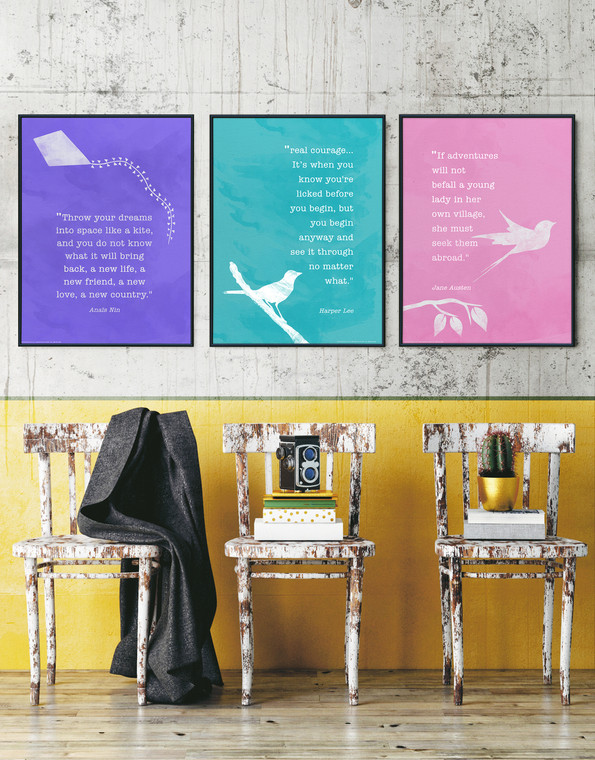 Harper Lee, Jane Austen and Anaïs Nin Fine Art Print Set. Inspirational Quote Posters.