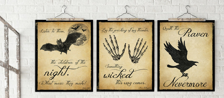 The Raven, Dracula and Macbeth Inspirational Literary Quote Set. Vintage Style Prints. 