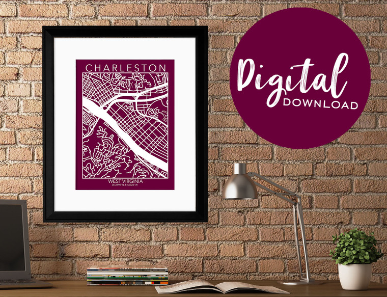 Charleston West Virginia Map Fine Art Print. DIGITAL DOWNLOAD