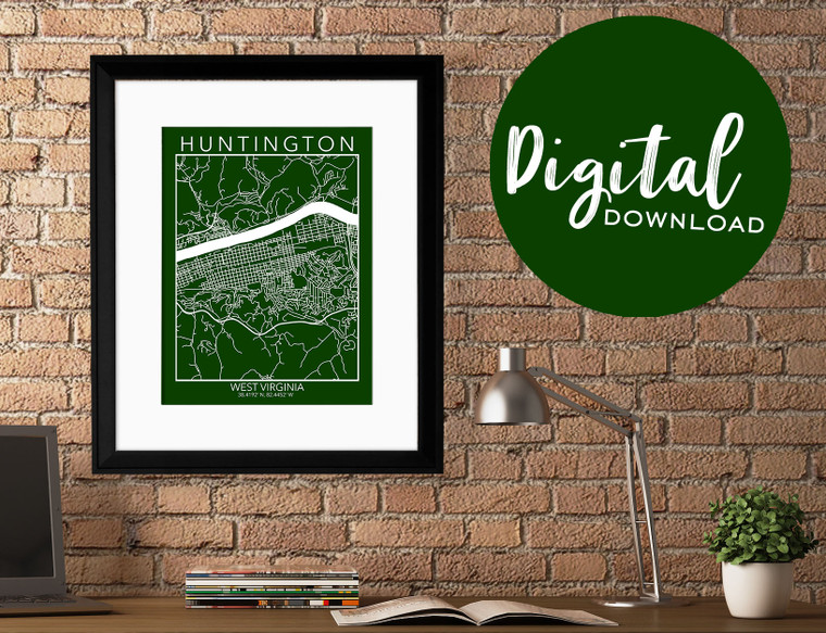 Huntington West Virginia Map Fine Art Print.  DIGITAL DOWNLOAD