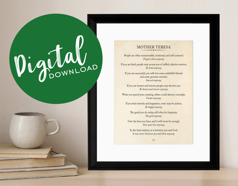 Mother Teresa Book Page Style Literary Quote Print. DIGITAL DOWNLOAD